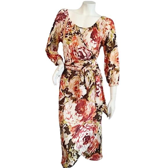 Escada Designer Floral Wrap Mid-Length Curvy Silk Dress Pink Red Belt 36 Small - Picture 3 of 12